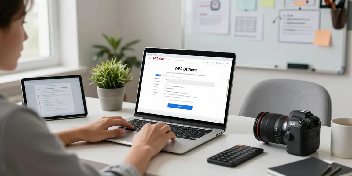 WPS Download process in a modern home office, with tech gadgets and a bright workspace.