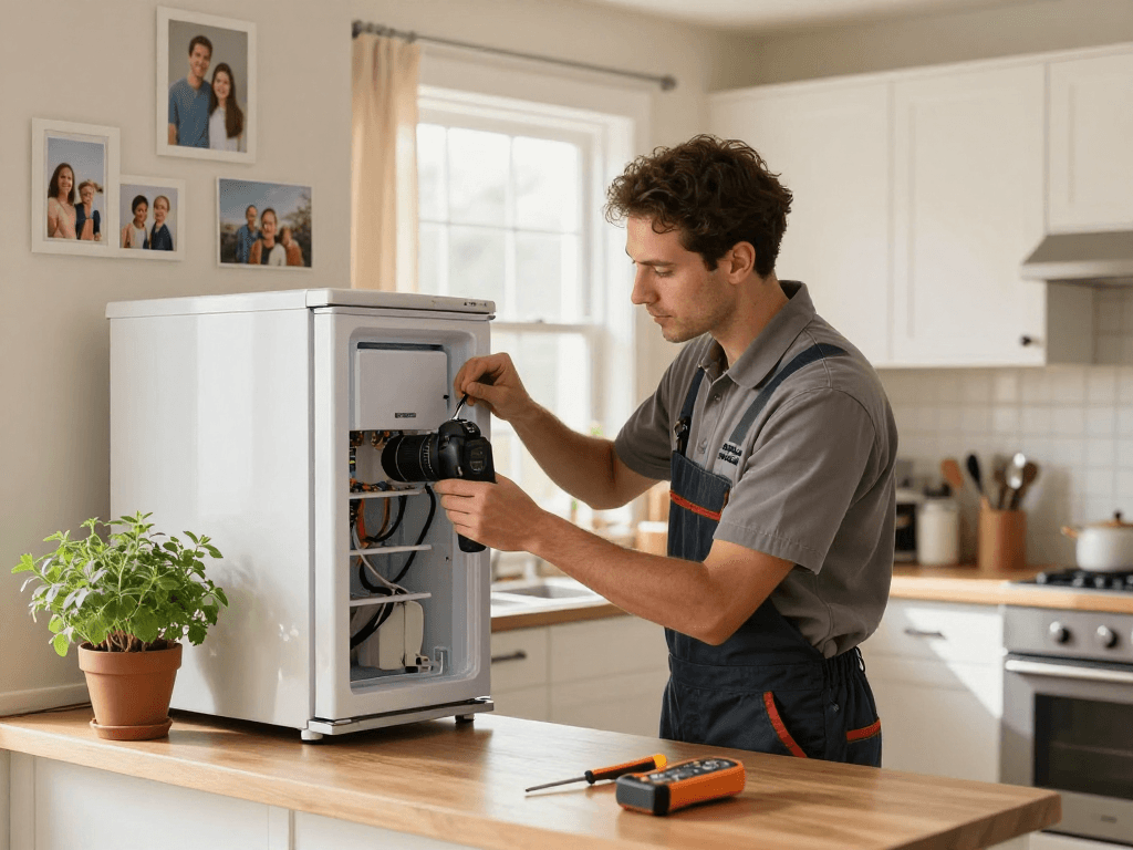 Appliance repair technician fixing a refrigerator in a bright home kitchen.