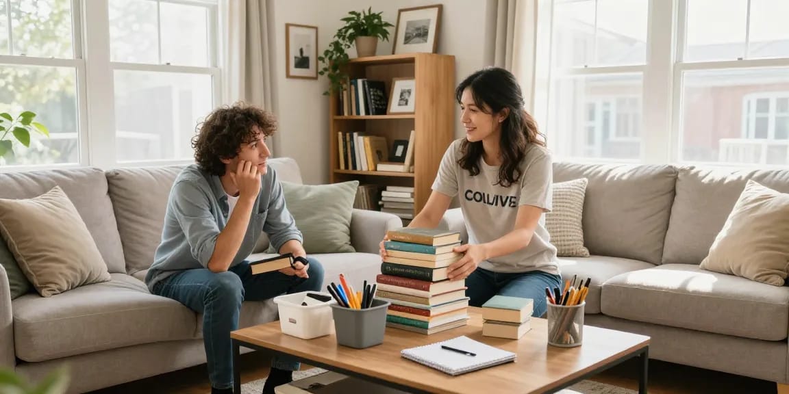 Professional declutterer Ottawa assisting homeowner in organizing a cluttered living room, showcasing transformation and harmony.