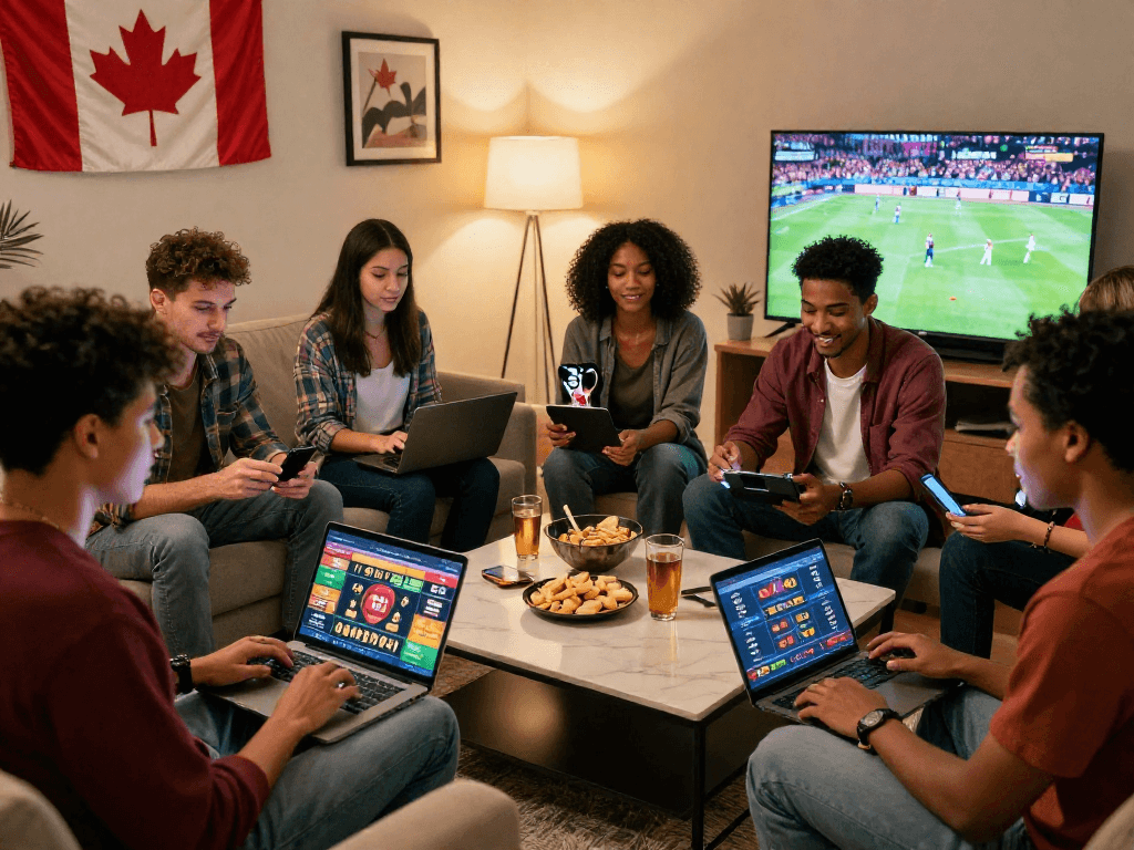 Friends enjoying online gambling at home while engaging with gambleonline platforms.