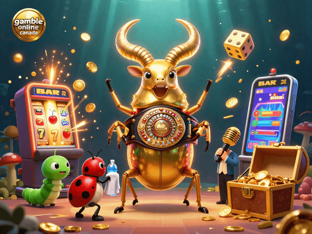 Experience thrilling action in a dazzling gambling scene with "gamble online canada", featuring a golden stag beetle champion.