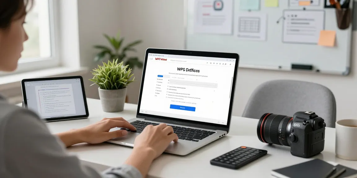 WPS Download process in a modern home office, with tech gadgets and a bright workspace.