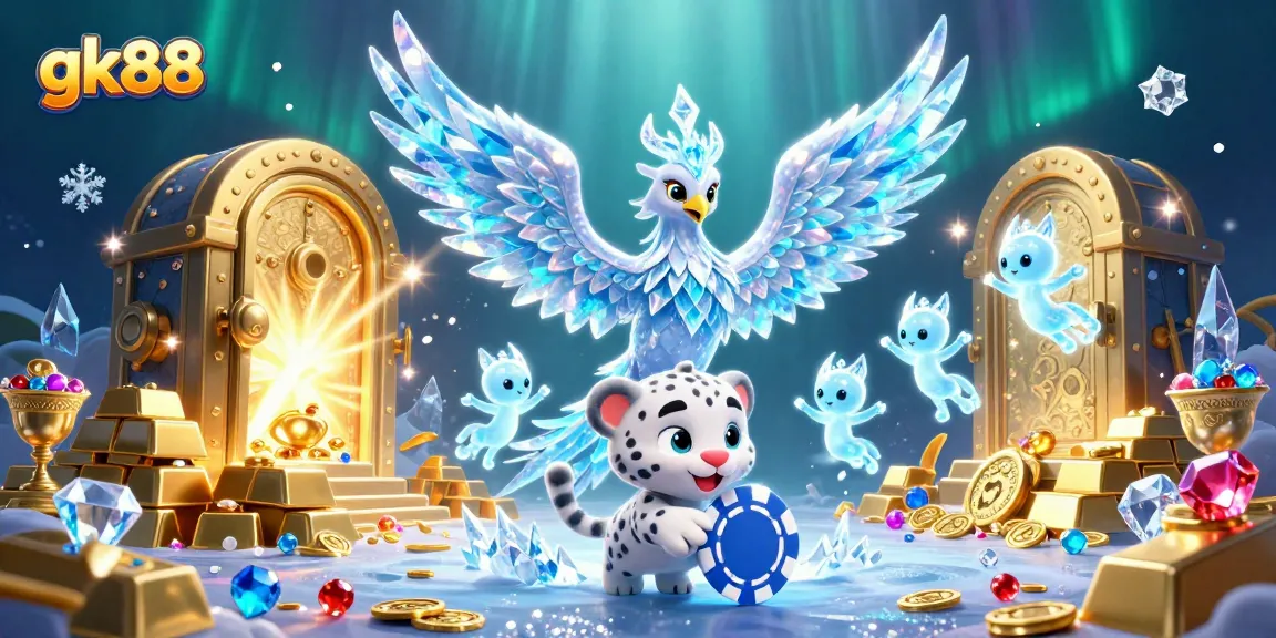 Enjoy thrilling gameplay at gk88 with a 3D scene featuring an ice phoenix and poker elements