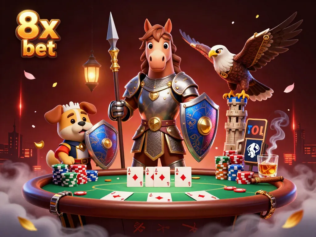 Engage in action with 8x bet at a vibrant medieval-themed poker table featuring fantasy characters.