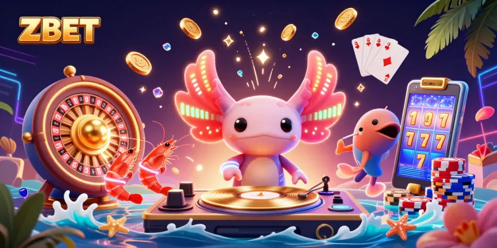 ZBET captivates with a neon axolotl DJ spinning records in a vibrant underwater casino