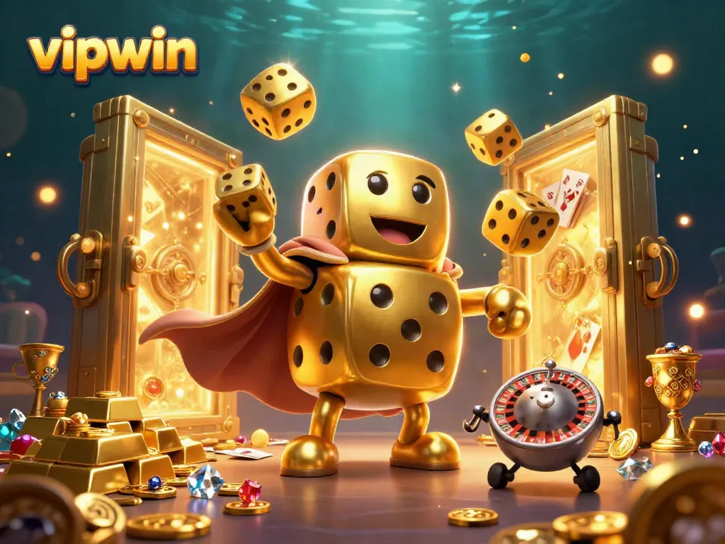 Experience the thrill of vipwin with a dynamic casino-themed illustration featuring animated dice and golden treasures.