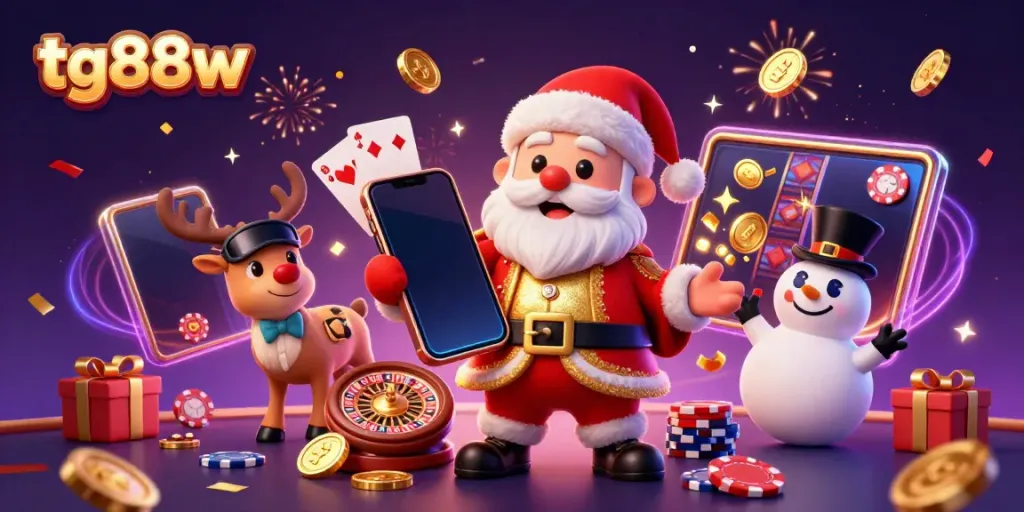 Experience thrilling wins with tg88w in a vibrant casino scene featuring Santa and friends.