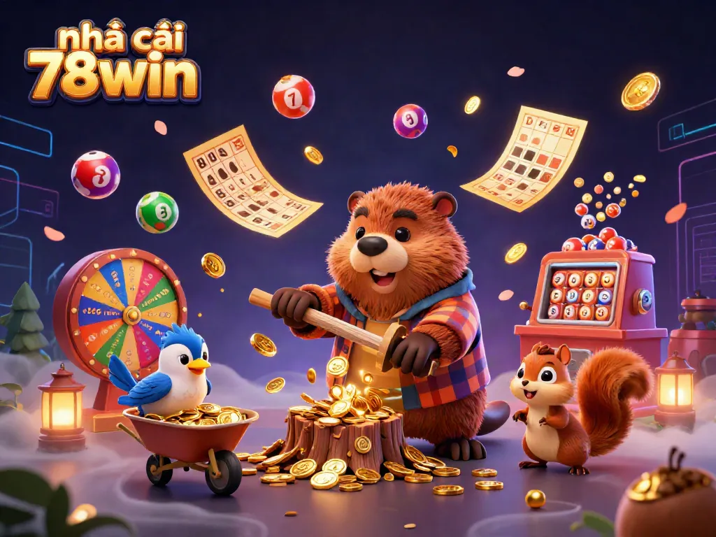 Experience thrilling gaming at nhà cái 78win with vibrant lottery balls and gold coins raining down.