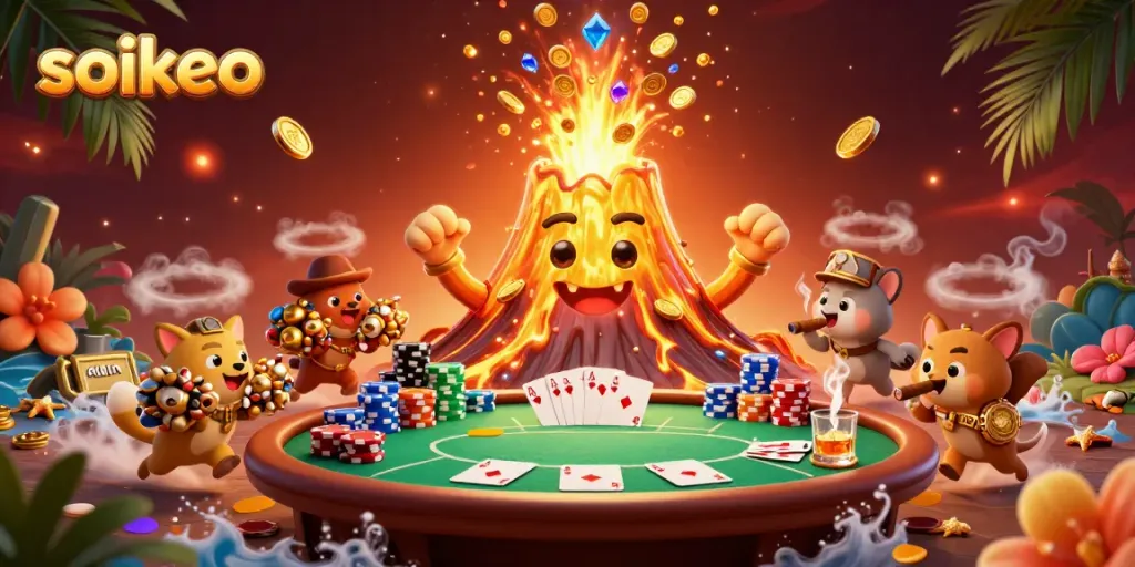 Experience the thrill of soikeo with a triumphant volcanic eruption surrounded by treasure!