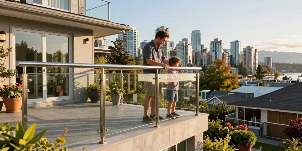 Stylish custom railing in a Vancouver home featuring glass and stainless steel, showcasing safety and elegance.