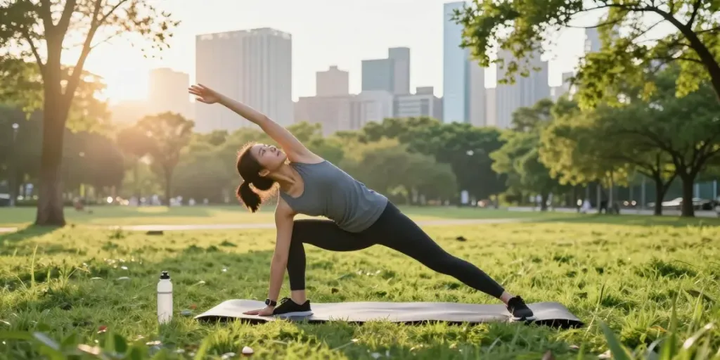 Streek workout session showcasing dynamic stretching in an urban park.