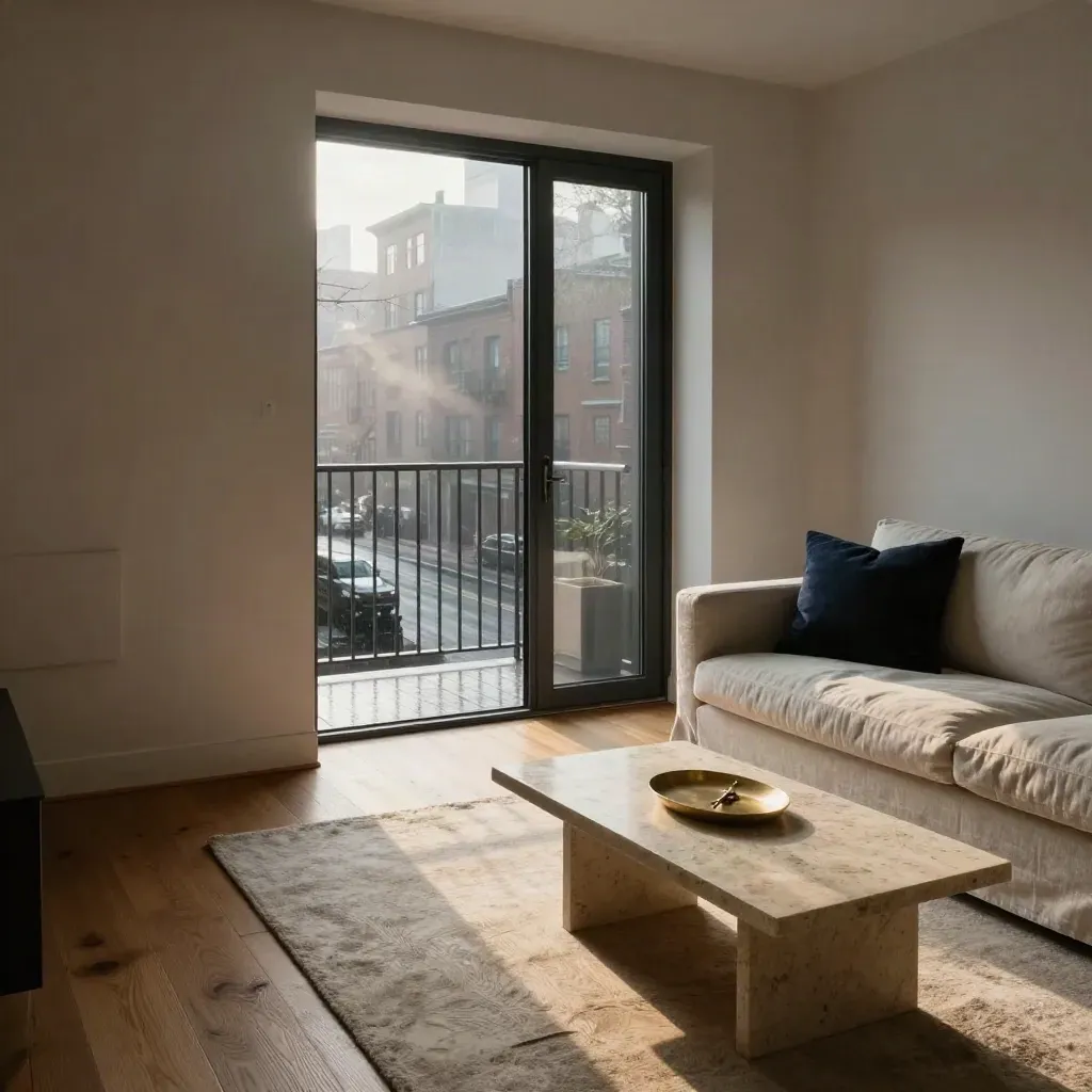 Sunlit Annex condo living room with open balcony, oak floor, limestone table, and navy accent