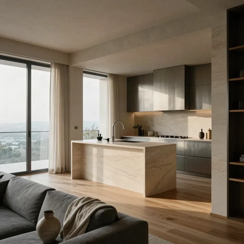Bright condo living room with stone kitchen, oak floors, and balcony light