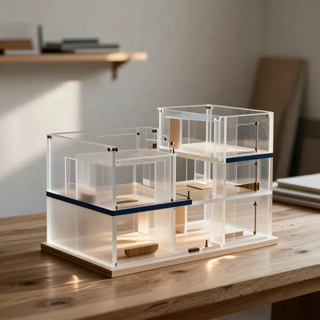 Translucent condo floor plan model on pale wood with navy accent and soft editorial shadows