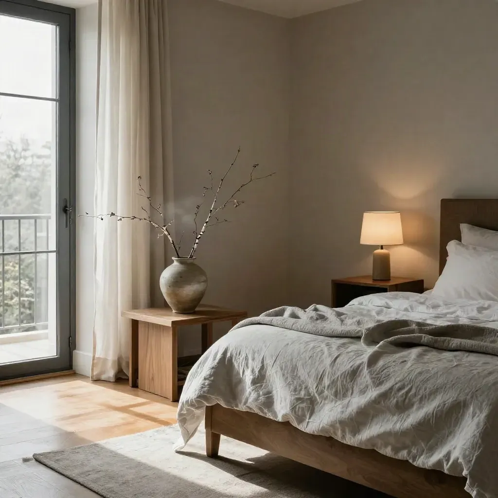 Furnished condo living room with fresh bedding, open balcony door and clipped branches in warm light.