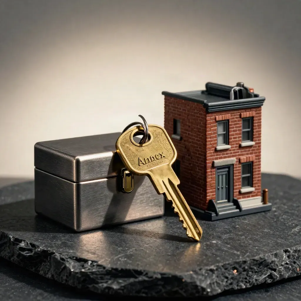 Brass key ring, lockbox and miniature townhouse model on dark stone in dramatic studio light.