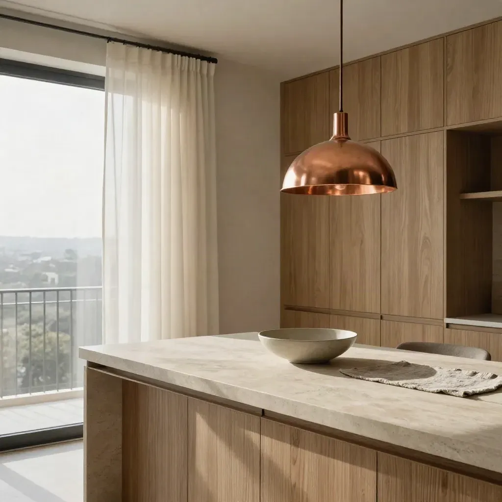Oak pre-sale suite with a swaying sheer curtain, copper pendant, and morning balcony light.