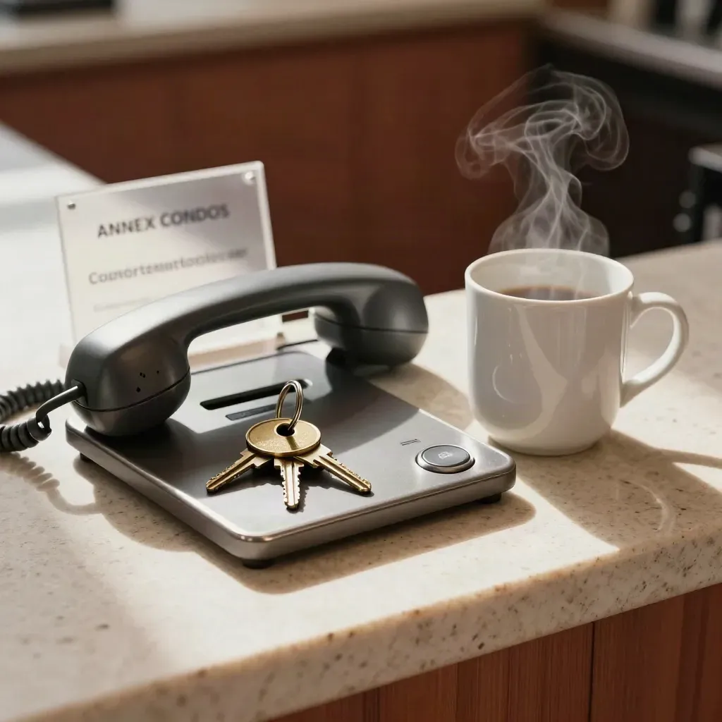 Key tray, handset, intercom button and steaming mug on a travertine ledge.
