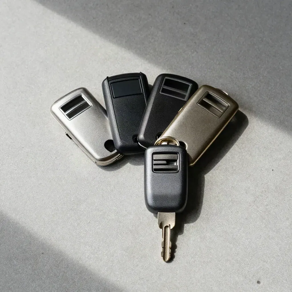 Overhead flatlay of condo key fobs fanned around a brass pin on stone