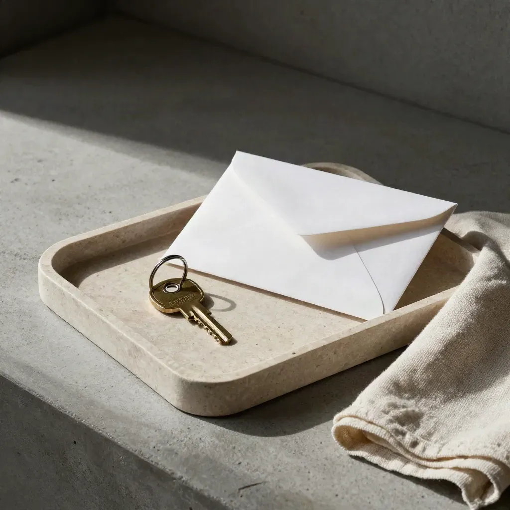 Top-down tray with envelope, key ring, and folded cloth on concrete, lit from one side.