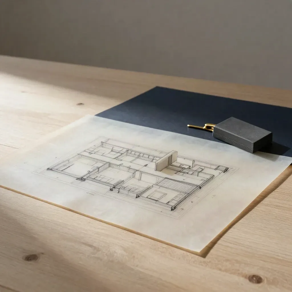 Translucent floor plans, brass clip, and graphite model block on pale wood