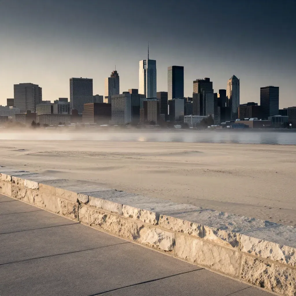 Misty Canadian skyline with heritage blocks, glass towers, and a river bend above a pale stone terrace.