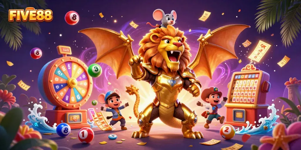 FIVE88 captures the thrill of gaming with a vibrant casino scene bursting with dynamic lottery elements.