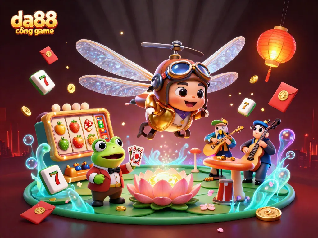 Experience exciting gameplay at da88 cổng game with dynamic slot reels, immersive frog croupier, and jazz musicians.