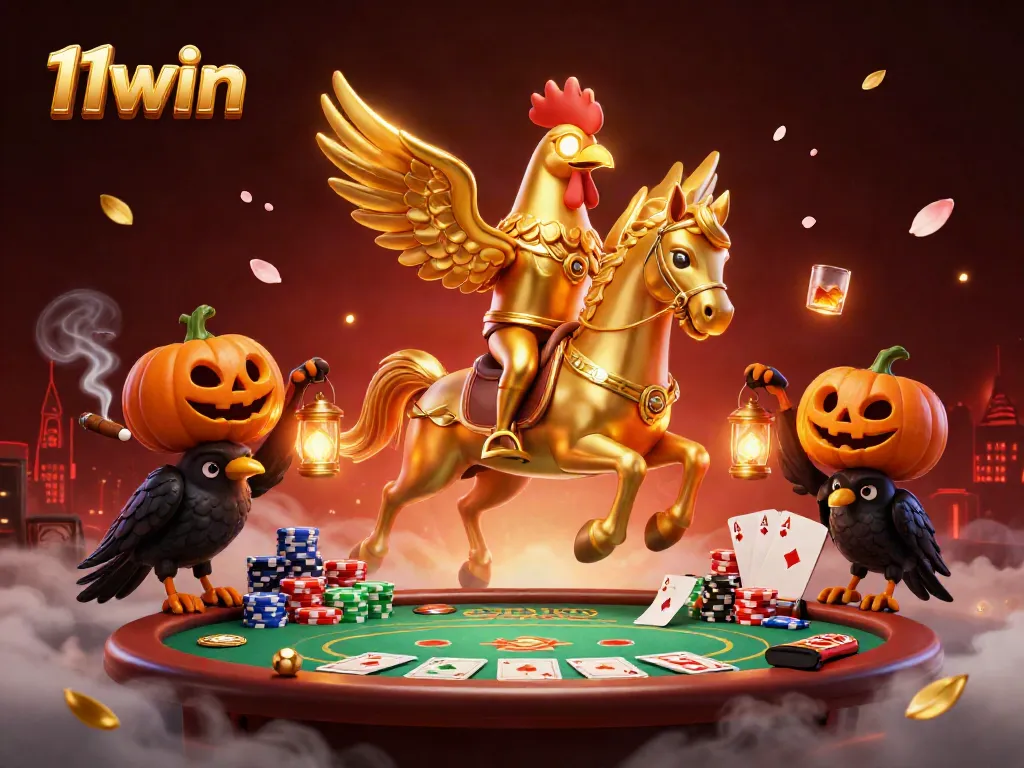 Experience thrill and excitement at 11win's vibrant casino with golden rooster and companions.
