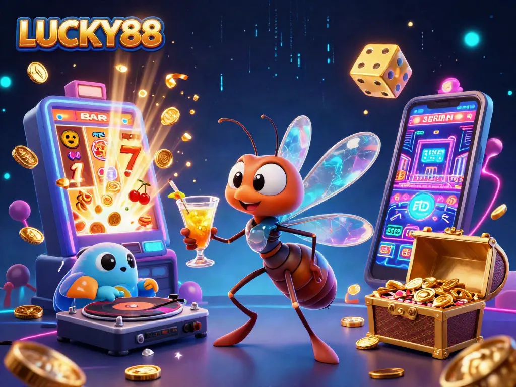 Experience the excitement of LUCKY88 with vibrant symbols, coins, and a lively casino mascot scene.