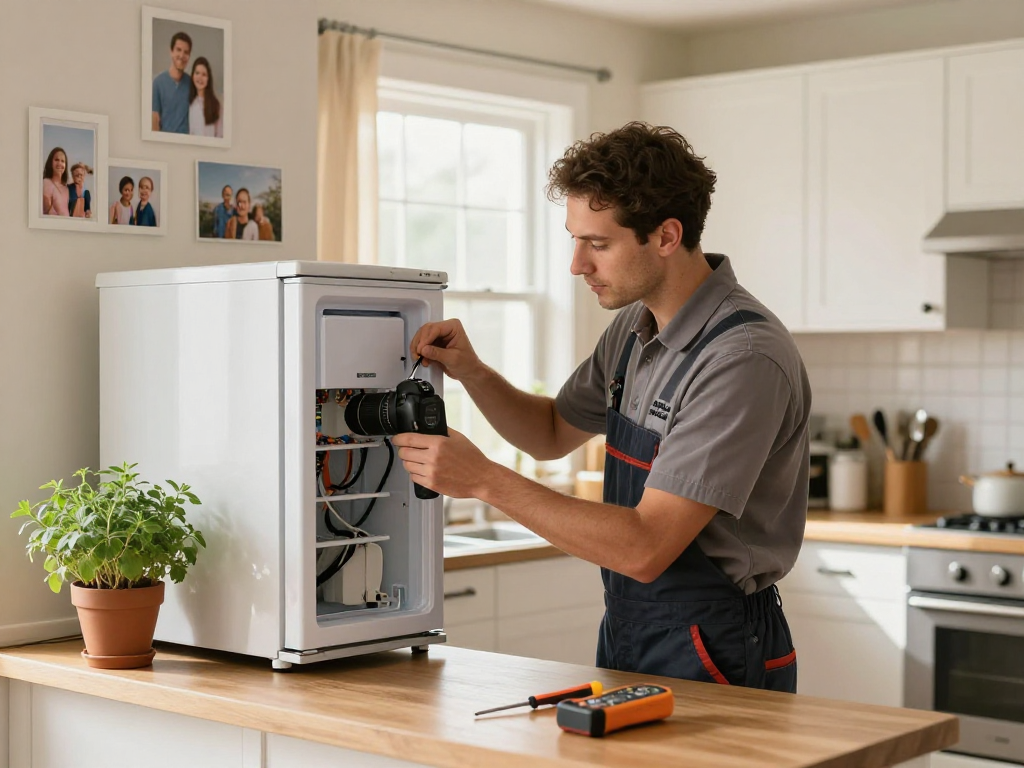 Appliance repair technician fixing a refrigerator in a bright home kitchen.