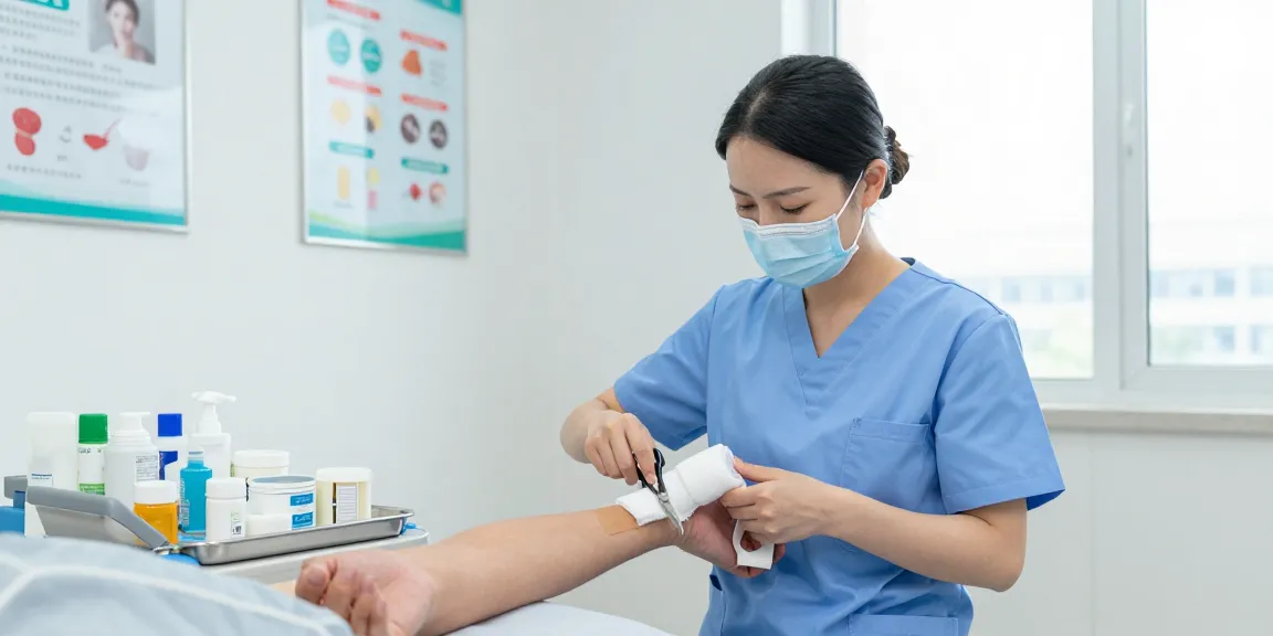 Medical professional applying a gauze roll for effective wound care in a clinical setting.