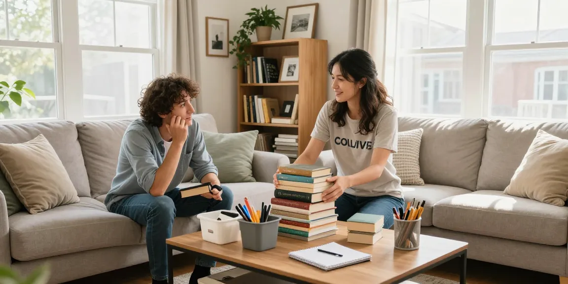 Professional declutterer Ottawa assisting homeowner in organizing a cluttered living room, showcasing transformation and harmony.