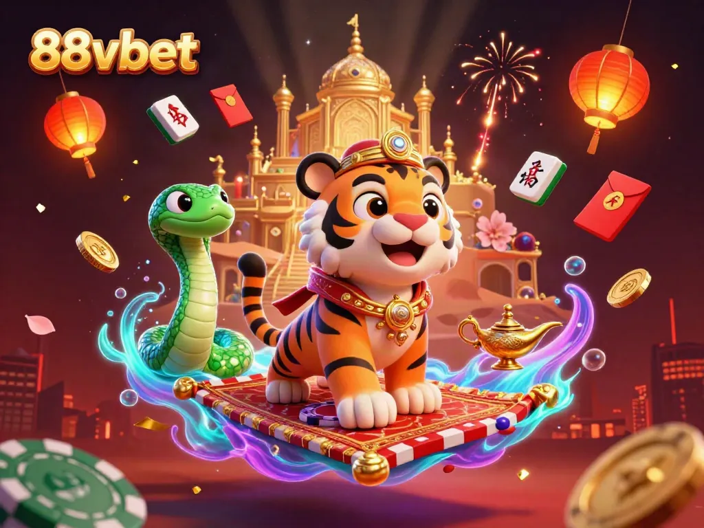 Engage with the lively 88vbet casino scene featuring a flying carpet and festive decorations.
