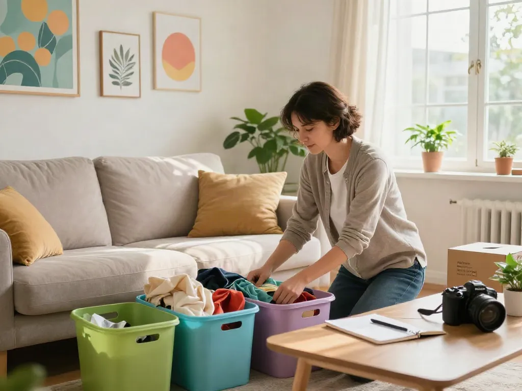 Professional declutterer Ottawa organizing a bright living room, showcasing effective decluttering techniques and inviting atmosphere.