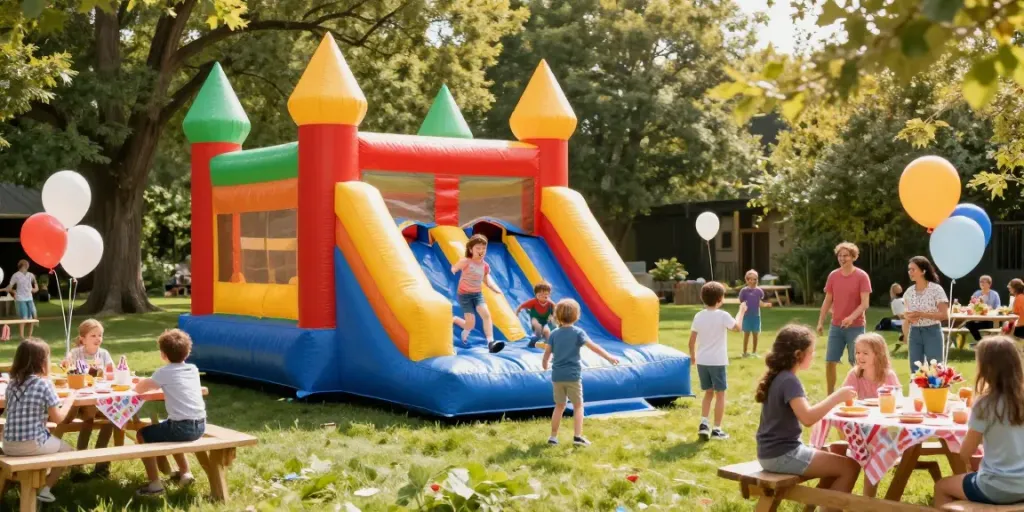 Children joyously playing in an inflatable castle at a lively birthday party under bright sunlight.