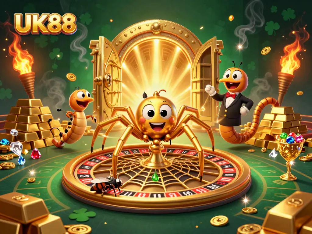 Engage with UK88’s vibrant casino world as a golden spider spins a roulette wheel web, enriched with treasures.