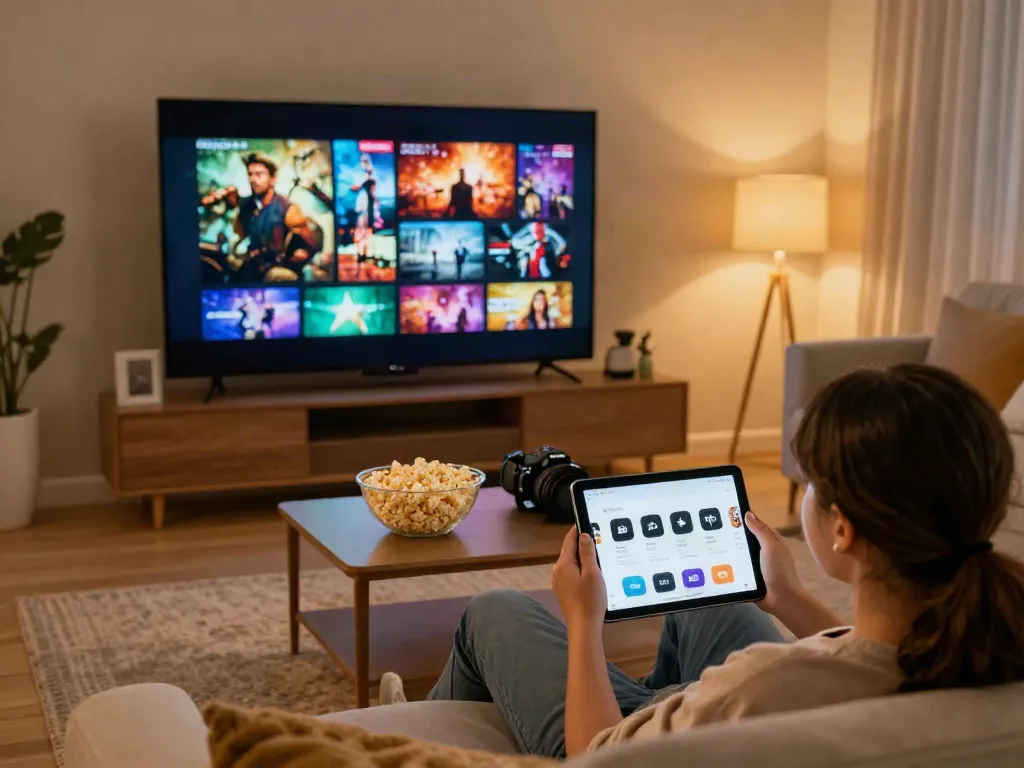 Movie box download on a tablet in a cozy living room.