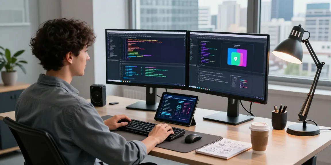 Developer focused on Telegram download projects in a vibrant tech workspace.
