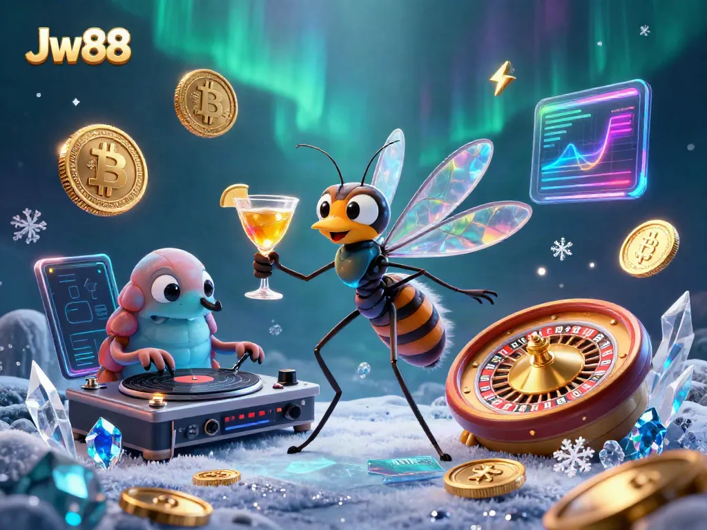 Engage with Jw88 Casino mascot in vibrant 3D scene featuring a trilobite DJ and golden roulette wheel.