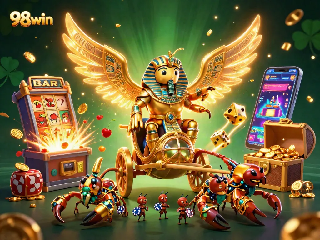 Engage with 98win's vibrant casino world through this lavish 3D digital illustration.