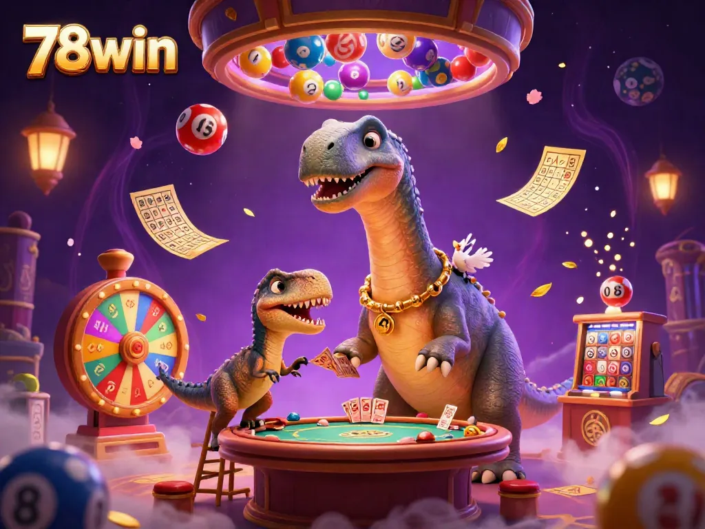 Experience vibrant casino excitement with 78win's playful gambling illustration of a brontosaurus and raptor.