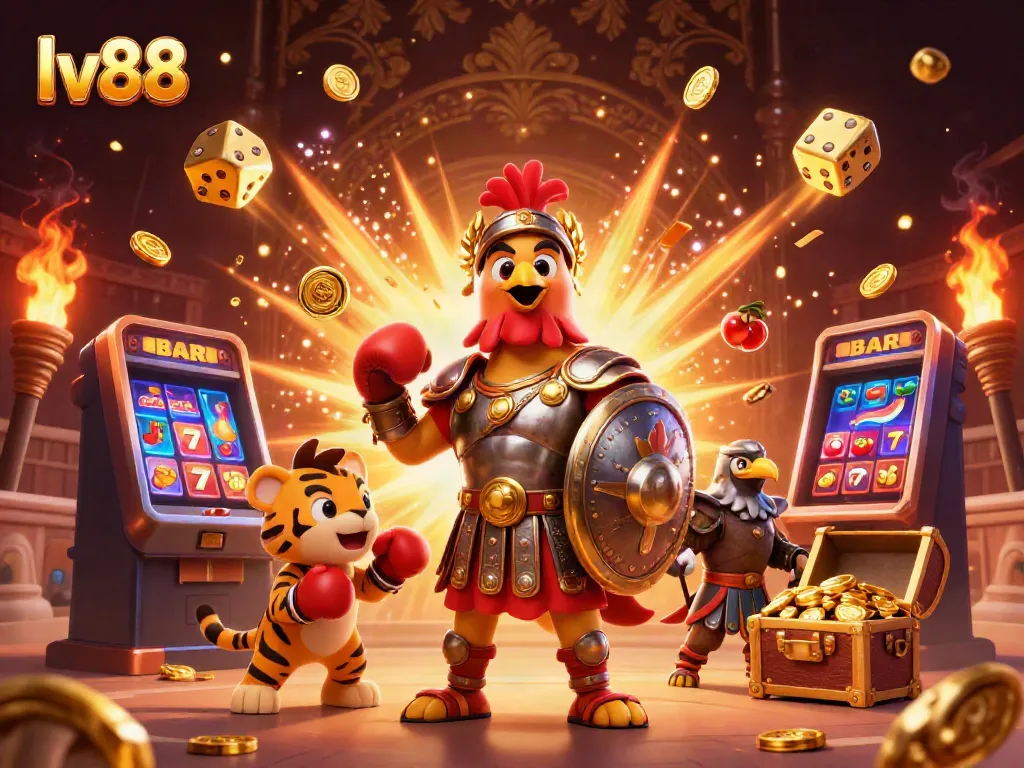 Spin and win at lv88 with vibrant casino elements and dynamic characters in a lavish setting.